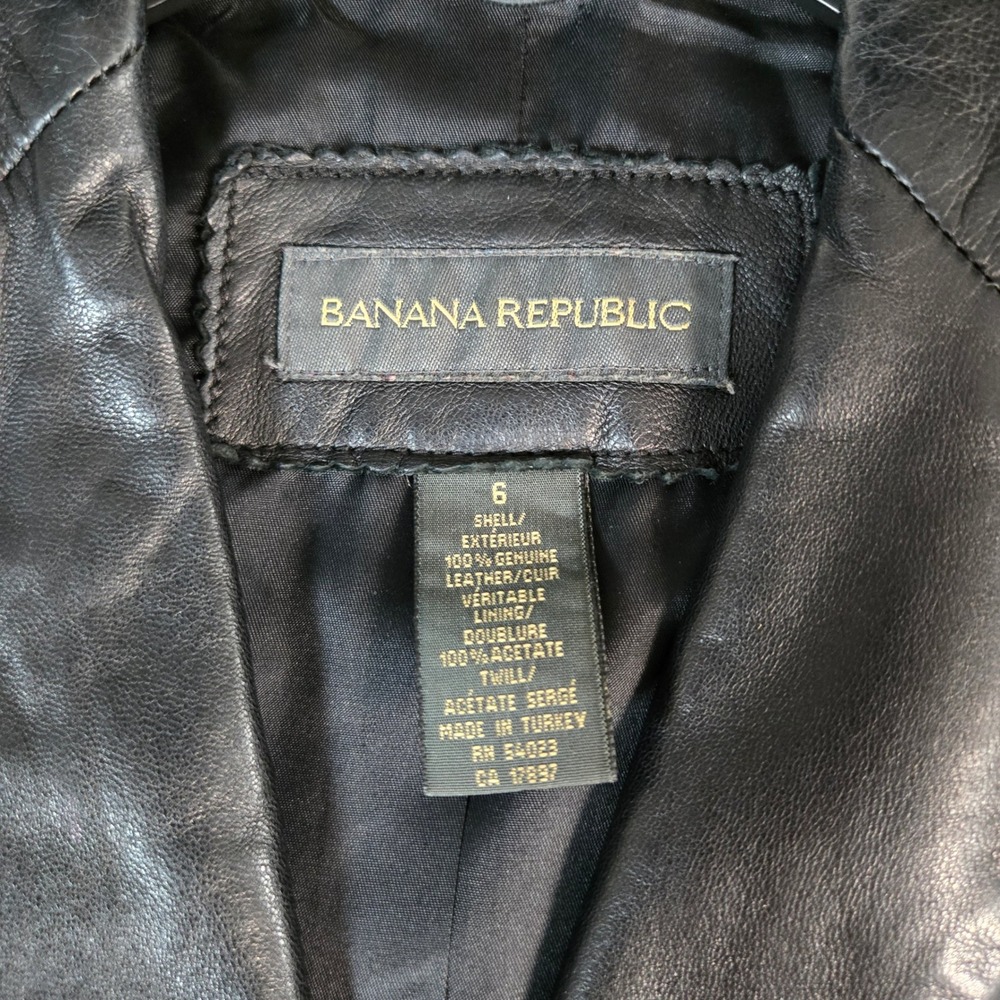 Y2K Banana Republic Womens Black Genuine Leather Belted Blazer Jacket 6 - Picture 2 of 5